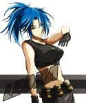  1girl black_gloves blue_eyes blue_hair breasts character_name crop_top explosive gloves grenade impossible_clothes kazekiri0825 king_of_fighters leona_heidern long_hair midriff ponytail solo 
