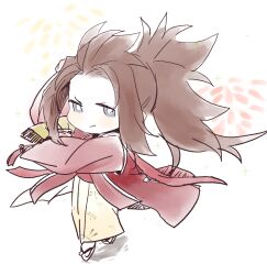  1boy brown_hair chibi closed_mouth commentary_request dragonfly_print fire_emblem fire_emblem_fates fire_emblem_heroes full_body haori japanese_clothes kimono long_sidelocks male_focus official_alternate_costume official_alternate_hairstyle red_haori ryoma_(dancing_samurai)_(fire_emblem) ryoma_(fire_emblem) sidelocks smile sou_mei white_background white_kimono 