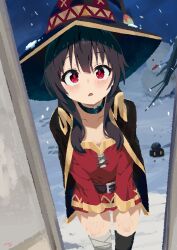  1girl absurdres bandaged_leg bandages bare_shoulders belt black_cat black_choker blush brown_belt brown_cape brown_hair brown_hat cape carrot cat choker chomusuke collarbone destenycet dress hat highres kono_subarashii_sekai_ni_shukufuku_wo! megumin off-shoulder_dress off_shoulder open_mouth red_dress red_eyes short_dress snow snowman solo tree witch_hat 