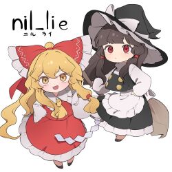  2girls alternate_costume apron ascot back_bow black_hat black_skirt black_vest blonde_hair bow broom brown_hair commentary_request cosplay costume_switch detached_sleeves frilled_bow frilled_skirt frills gohei hair_bow hakurei_reimu hakurei_reimu_(cosplay) hat hat_bow holding holding_broom holding_gohei kirisame_marisa kirisame_marisa_(cosplay) long_hair long_sleeves looking_at_viewer multiple_girls niru_(ka_k_0517) open_mouth red_bow red_eyes red_skirt simple_background skirt skirt_set smile touhou vest waist_apron white_apron white_background white_bow witch_hat yellow_ascot yellow_eyes 