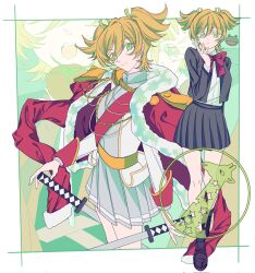  1girl :o aiguillette arm_behind_back badge belt blonde_hair border bow bowtie brown_shoes character_logo closed_mouth collared_shirt commentary_request daiba_nana dual_wielding epaulettes food frog fruit fur-trimmed_jacket fur_trim giraffe_(revue_starlight) green_eyes green_ribbon grey_jacket grey_skirt hair_between_eyes hair_ribbon hand_up head_tilt highres holding holding_food holding_fruit holding_sword holding_tomato holding_weapon jacket jacket_on_shoulders katana loafers long_sleeves looking_at_viewer multicolored_jacket multiple_views open_clothes open_jacket open_mouth outside_border parted_lips planted planted_sword pleated_skirt projected_inset red_bow red_bowtie red_jacket red_sash ribbon sash school_uniform seisho_music_academy_school_uniform shirt shirt_tucked_in shoes short_hair shoujo_kageki_revue_starlight shoulder_sash single_horizontal_stripe skirt smile spike_(stagecraft) standing star_(symbol) striped_clothes striped_skirt sword teeth tomato two-tone_jacket two_side_up upper_teeth_only weapon white_border white_jacket white_shirt yellow_belt yellow_trim yusaka_12 