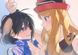  1boy 1girl absurdres arm_up black_hair blonde_hair blue_jacket blush bracelet calem_(pokemon) clenched_hand closed_mouth collared_shirt commentary_request e_l_d_i_n eye_contact eyelashes eyewear_on_headwear grey_eyes hands_up hat hetero highres jacket jewelry kabedon long_hair looking_at_another pokemon pokemon_x_and_y serena_(pokemon) shirt short_hair sleeveless sleeveless_shirt sunglasses sweat sweatdrop turtleneck turtleneck_jacket white-framed_eyewear 