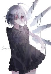  1girl absurdres ahoge bianxiangsiwan bib_collar black_bow black_bowtie black_dress blazblue bow bowtie braid commentary_request cowboy_shot dress expressionless eyepatch frilled_dress_collar hair_bow highres long_hair long_sleeves nu-13 red_eyes simple_background single_braid solo white_background white_hair 