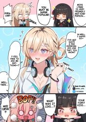  2girls aqua_necktie black_hair blonde_hair blush braid braided_bangs chisa_(wuthering_waves) commentary dobu_jelly duplicate earrings english_commentary hair_ornament hard-translated headphones headphones_around_neck highres jewelry long_hair lynae_(wuthering_waves) multiple_girls necktie red_eyes shirt_tucked_in skull_hair_ornament star_(symbol) star_earrings third-party_edit wuthering_waves 