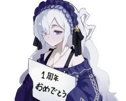  1girl bare_shoulders black_ribbon blue_dress blue_hairband bow closed_mouth crescent crescent_necklace dress dress_bow frilled_dress frilled_hairband frilled_sleeves frills gothic_lolita hair_over_one_eye hair_ribbon hairband happy_anniversary highres holding holding_paper jewelry lolita_fashion lolita_hairband long_hair long_sleeves looking_at_viewer mahou_shoujo_no_majo_saiban monday_grim natsume_an-an necklace off-shoulder_dress off_shoulder paper polka_dot polka_dot_bow ribbon see-through_hair simple_background sleeves_past_fingers sleeves_past_wrists solo translation_request upper_body violet_eyes white_background white_hair wide_sleeves 
