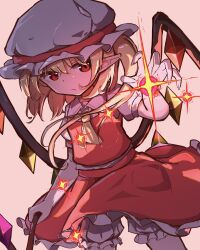  1girl ascot blonde_hair bloomers collared_shirt commentary_request crystal crystal_wings energy_ball flandre_day flandre_scarlet frilled_skirt frills hat highres holding holding_weapon laevatein_(touhou) looking_at_viewer mob_cap multicolored_wings one_side_up pink_background pointy_ears powering_up red_eyes red_skirt red_vest shirt simple_background skirt skirt_set solo subhituzi495 touhou vest weapon white_bloomers white_hat white_shirt wings yellow_ascot 