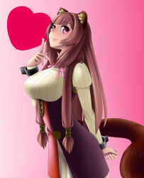  1girl absurdres animal_ear_fluff animal_ears arm_behind_back black_dress blunt_bangs blush breasts brown_hair collared_dress commentary_request dress from_side gradient_background hair_tubes hand_up heart high_collar highres huge_breasts layered_dress long_hair long_sidelocks long_sleeves looking_at_viewer looking_to_the_side metal_hair_tubes metal_wrist_cuffs neck_ribbon pink_background pink_eyes pink_ribbon pinstripe_dress pinstripe_pattern raccoon_ears raccoon_girl raccoon_tail raphtalia red_dress ribbon short_dress sidelocks sleeveless sleeveless_dress solo standing straight_hair tail tanuki tate_no_yuusha_no_nariagari two-tone_dress variant_set white_dress yantaka 