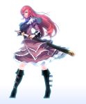  boots capelet dress highres knee_boots long_hair looking_back original red_eyes redhead rheez ribbon sheath standing sword unsheathing weapon 