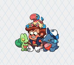  1boy alt_text archen argyle_background blue_vest blush blush_stickers book brown_hair closed_mouth clothed_pokemon commentary crossover dipper_pines east-west_crossover english_commentary fangs gible gravity_falls hat l0verseyes male_focus no_shoes nostrils on_head open_book open_clothes open_mouth open_vest pokemon pokemon_(creature) pokemon_on_head pokemon_team red_shirt shirt short_hair sitting smile socks teeth treecko twitter_username two-tone_hat upper_teeth_only vest white_background white_socks 