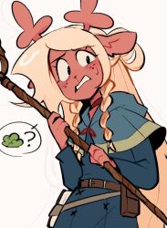  1girl ? antlers black_eyes blonde_hair blue_capelet blue_robe braid capelet commentary cosplay darmicy deer_antlers deer_girl deltarune dungeon_meshi english_commentary furry furry_female highres holding holding_staff horns long_hair marcille_donato marcille_donato_(cosplay) moss noelle_holiday robe side_braids solo staff utdr_(toby_fox) 