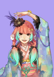 1girl aqua_hair arm_up biting_own_tongue blunt_bangs bracelet braces braid brown_hair circle_facial_mark commentary_request facial_mark flower flower_bracelet gradient_hair hair_flower hair_ornament hair_ribbon hairclip hat hat_feather hidari_(left_side) highres japanese_clothes jewelry kimono lace lips long_hair looking_at_viewer mini_hat multicolored_hair nail_polish original parted_lips pink_hair purple_background purple_nails ribbon smile solo straight-on teardrop_facial_mark tongue twin_braids two-tone_hair upper_body 