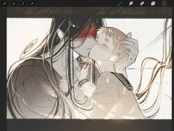  1boy 1girl adashino_adami art_program_in_frame black_hair black_kimono blonde_hair blood blood_on_face colored_skin commentary grey_skin hand_on_another's_chest hand_on_another's_head hetero highres homicipher japanese_clothes kimono kiss long_hair mr._crawling school_uniform serafuku short_hair sweater sweeeet_him untranslatable_commentary very_long_hair very_short_hair 
