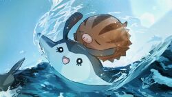  :d animal_focus black_eyes bright_pupils brown_fur eyelashes fish full_body highres looking_at_viewer mantyke no_humans ocean oguraan open_mouth outdoors pokemon pokemon_(creature) pokemon_focus remoraid simple_background smile surfing swinub white_pupils 