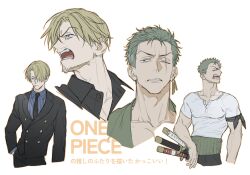  2boys age_progression bandana bandana_around_arm bigienu black_bandana blonde_hair curly_eyebrows facial_hair formal_clothes goatee green_hair hair_over_one_eye highres male_focus multiple_boys mustache_stubble one_piece roronoa_zoro sanji_(one_piece) scar scar_across_eye scar_on_face smoking stubble suit 