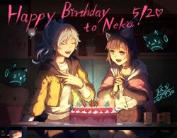  2girls animal_ears aroma_white asakura_neko black_hair black_skirt cake can collar couch cytus cytus_ii drink_can fake_animal_ears food happy_birthday hat highres interlocked_fingers jacket jacket_on_shoulders low_light meowbot multicolored_hair multiple_girls on_couch party_hat pink_hair pink_jacket ponytail ryuh_(asahina_neru) shirt sitting skirt streaked_hair white_hair white_shirt yellow_jacket 