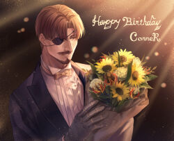  1boy bear black_jacket bouquet bow bowtie brown_hair character_name conner_(cytus) cytus cytus_ii eyepatch facial_hair happy_birthday highres holding holding_bouquet itsuya_(daystar) jacket mechanical_arms mustache shirt single_mechanical_arm smile solo suit white_shirt yellow_bow yellow_bowtie 