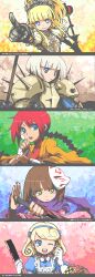  5girls armor blonde_hair bob_cut braid breastplate closed_mouth farmer_(sekaiju) farmer_4_(sekaiju) fox_mask gloves highres holding holding_weapon japanese_clothes kidachi kimono long_hair mask monk_(sekaiju) monk_4_(sekaiju) multiple_girls open_mouth pauldrons phalanx_(sekaiju) phalanx_2_(sekaiju) pink_kimono pointing pointing_at_viewer puffy_short_sleeves puffy_sleeves purple_scarf scarf sekaiju_no_meikyuu sekaiju_no_meikyuu_3 shinobi_(sekaiju) shinobi_4_(sekaiju) short_hair short_sleeves shoulder_armor single_braid smile sovereign_(sekaiju) sovereign_2_(sekaiju) spiked_pauldrons spikes star-shaped_pupils star_(symbol) symbol-shaped_pupils teeth upper_teeth_only weapon white_gloves 