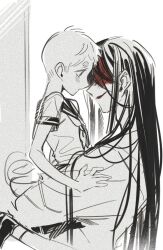 1boy 1girl adashino_adami blood blood_on_face carrying carrying_person commentary hetero homicipher japanese_clothes kimono long_hair mr._crawling school_uniform serafuku short_hair simple_background spot_color sweeeet_him untranslatable_commentary very_long_hair very_short_hair white_background 