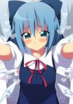  1girl blue_dress blue_eyes blue_hair blush bow cirno dress hair_bow heart ice ice_wings incoming_hug looking_at_viewer oniku-chan outstretched_arms puffy_sleeves shirt short_sleeves solo touhou wings 