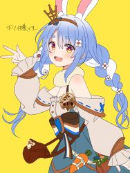  1girl ama_(ama_ekaku) animal_ear_fluff animal_ears bag bare_shoulders blue_dress blue_hair blush bow braid breasts brown_bag brown_bow carrot cowboy_shot dot_nose dress dress_bow flower frilled_sleeves frills from_side fur_collar hair_flower hair_ornament hand_up highres hololive long_hair looking_at_viewer looking_to_the_side multicolored_dress multicolored_hair off-shoulder_dress off_shoulder open_mouth orange_eyes parted_hair puffy_sleeves rabbit-shaped_pupils rabbit_ears rabbit_girl sidelocks simple_background sleeves_past_wrists small_breasts smile solo symbol-shaped_pupils teeth translation_request twin_braids two-tone_hair upper_teeth_only usada_pekora usada_pekora_(reality_fantasy) virtual_youtuber w waist_bag white_flower white_hair yellow_background 