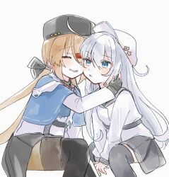  2girls black_bow black_gloves black_hat black_sailor_collar black_skirt black_thighhighs blue_shawl bow brown_hair feet_out_of_frame fur_hat gloves hair_ornament hairclip hat hibiki_(kancolle) hug jacket kantai_collection long_hair low_twintails mia_umauma multiple_girls papakha pleated_skirt sailor_collar sailor_shirt scarf shawl shirt simple_background skirt tashkent_(kancolle) thigh-highs torn_clothes torn_scarf twintails verniy_(kancolle) white_background white_hat white_jacket white_scarf white_shirt 