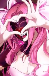  1girl alien_stage bow commentary english_commentary four-finger_heart_hands hair_bow headset heart heart_hands highres kiyukyuu microphone mizi_(alien_stage) mizi_(zombie_stage) multiple_hair_bows open_mouth pink_bow pink_hair portrait smile solo strapless zombie_stage 