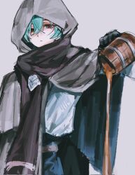  1boy alcohol beer beer_mug black_gloves blue_hair cloak closed_eyes commentary cup genshin_impact gloves grey_background hair_between_eyes highres holding holding_cup hood hood_up hooded_cloak lohen_(genshin_impact) long_sleeves looking_at_viewer male_focus mole mole_under_eye mug pouring scarf simple_background solo untranslatable_commentary x_x_(batttsu_404) 