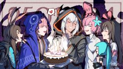  5girls amiya_(arknights) animal_ears aqua_hair arknights black_jacket blue_capelet blue_flower brown_hair cake candle capelet character_doll character_name cropped_shirt cytus cytus_ii doll duer flower food hair_flower hair_ornament hairband hatsune_miku highres hood hooded_capelet hooded_jacket horned_hood horns ivy_(cytus) jacket jewelry kaf_(kamitsubaki_studio) kamitsubaki_studio kizuna_ai kizuna_ai_(cytus) kizuna_ai_inc. metal_skin multicolored_hair multiple_girls pink_hair pink_hairband rabbit_ears rabbit_girl red_horns red_trim ring shirt skin_seams streaked_hair vanessa_(cytus) white_hair white_shirt 