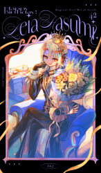  1girl absurdres aiguillette artist_name belt black_border black_coat black_gloves black_pants blonde_hair border bouquet chair character_name closed_mouth coat copyright_name cowboy_shot crown curtained_hair diamond_hair_ornament epaulettes gift gloves hair_ornament happy_birthday hasumi_leia high_collar highres holding holding_bouquet hoyama_hoya long_sleeves looking_at_viewer mahou_shoujo_no_majo_saiban mini_crown pants sash short_hair shoulder_sash signature sitting solo twitter_username yellow_eyes 