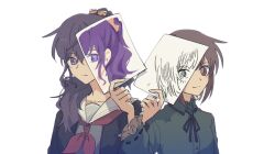  2girls akisan_(prsk_ak1) asahina_mafuyu black_cardigan black_ribbon brown_eyes brown_hair cardigan collared_shirt drawing_(object) expressionless frilled_sleeves frills green_shirt grey_serafuku hair_ornament hair_over_shoulder hair_scrunchie hand_up high_ponytail highres holding holding_paper long_hair medium_hair miyamasuzaka_girls'_academy_school_uniform multiple_girls neck_ribbon neckerchief one_eye_covered paper ponytail ponytail_over_shoulder project_sekai purple_hair red_neckerchief ribbon ribbon-trimmed_sleeves ribbon_trim sailor_collar school_uniform scrunchie serafuku shinonome_ena shirt simple_background smile violet_eyes watercolor_effect white_background white_sailor_collar yellow_scrunchie 