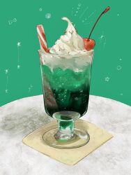  bone bubble cherry commentary_request dog drinking_straw food food_focus fruit glass green_background highres ice_cream ice_cream_float inuno_koro no_humans original paper sparkle sprinkles star_(symbol) table whipped_cream 