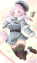  1girl absurdres belt black_belt blue_hat blue_shirt blue_skirt breasts brown_shoes brown_thighhighs capelet commentary_request cup elena_pastelkova fur-trimmed_capelet fur_trim hat heart highres large_breasts long_hair muv-luv muv-luv_girls_garden note open_mouth pencil pink_eyes red_eyes shirt shiryu7225581 shoes signature skirt solo thigh-highs unworn_hat unworn_headwear 