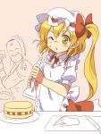  1boy 1girl apron ascot blonde_hair bow braid cake cream_on_face flandre_scarlet food hair_bow hands hat one_eye_closed open_mouth red_eyes ribbon short_hair side_ponytail sketch taishi_(moriverine) touhou yellow_eyes 