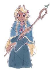  1girl animal_ears antlers black_eyes blonde_hair blue_capelet blue_robe braid capelet choker commentary cosplay cropped_legs deer_antlers deer_ears deer_girl deltarune dungeon_meshi english_commentary furry furry_female holding holding_staff hood hooded_capelet horns long_hair looking_to_the_side marcille_donato marcille_donato_(cosplay) noelle_holiday red_choker robe side_braids solo staff syaeris utdr_(toby_fox) very_long_hair white_background 