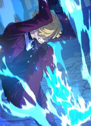  1boy absurdres artpaji black_gloves blonde_hair blue_fire curly_eyebrows facial_hair fighting_stance fire gloves goatee hair_over_one_eye highres ifrit_jambe leg_up male_focus mustache_stubble one_piece sanji_(one_piece) solo stubble 
