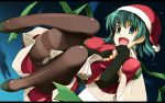  1girl blush elbow_gloves fingerless_gloves gloves green_eyes green_hair hat highres letterboxed looking_at_viewer open_mouth original pantyhose santa_costume santa_hat shikei solo 