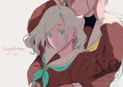  2girls aqua_neckerchief black_shirt brown_dress ceras_yanagida_lilienfeld closed_mouth dated dress edel_note grey_hair hair_ribbon hands_on_another's_head happy_birthday hasu_no_sora_school_uniform highres katsuragi_izumi long_hair long_sleeves looking_at_viewer love_live! love_live!_hasu_no_sora_jogakuin_school_idol_club matsui_ibuki multiple_girls neckerchief pink_ribbon ribbon sailor_collar sailor_dress school_uniform shirt simple_background smile turtleneck turtleneck_shirt undershirt virtual_youtuber watermark white_background white_sailor_collar winter_uniform 