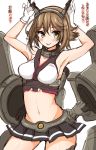  1girl blush breasts brown_hair gloves green_eyes kantai_collection looking_at_viewer midriff mutsu_(kantai_collection) navel personification short_hair skirt solo translation_request tsukudani_norio white_gloves 