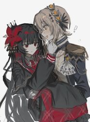  ! 2girls aiguillette black_capelet black_coat black_hair black_shirt black_skirt blonde_hair capelet carrying closed_mouth coat collared_shirt crown diamond_hair_ornament epaulettes flower gloves hair_flower hair_ornament hasumi_leia high_collar inagoinaire layered_skirt long_hair long_skirt long_sleeves mahou_shoujo_no_majo_saiban mini_crown multiple_girls necktie nikaido_hiro open_mouth overskirt plaid_clothes plaid_skirt pleated_skirt princess_carry red_eyes red_flower red_necktie red_skirt shirt short_hair side_capelet skirt white_background white_gloves white_shirt yellow_eyes yuri 