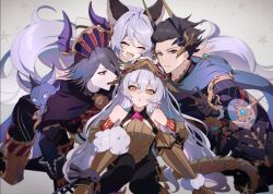  2boys 2girls :t animal animal_ears armor baal_(granblue_fantasy) bare_shoulders black_hair breastplate closed_eyes elbow_gloves erune everyone eyeshadow gauntlets gloves granblue_fantasy grey_hair hair_slicked_back headpiece horns kogome_(azalea4) long_hair looking_at_viewer makeup medusa_(shingeki_no_bahamut) multiple_boys multiple_girls nezha_(granblue_fantasy) open_mouth pointy_ears pout red_eyes red_eyeshadow satyr_(granblue_fantasy) scarf simple_background smile tail twitter_username v very_long_hair yellow_eyes 