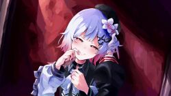  2girls beret black_choker black_coat black_hat black_shirt choker closed_mouth coat collared_coat flower flower-trimmed_sleeves gloves gradient_hair hair_flower hair_ornament hat hat_flower hat_ribbon highres long_sleeves looking_at_viewer mahou_shoujo_no_majo_saiban multicolored_hair multiple_girls neck_ribbon nikaido_hiro oekakisuki3 pink_eyes pink_hair pov pov_hands red_background ribbon sakuraba_ema shirt short_hair sleeveless sleeveless_coat solo_focus upper_body white_flower white_gloves white_hair white_ribbon white_shirt white_sleeves x_hair_ornament 