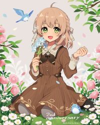  1girl :d ahoge anniversary arisa_(aren) artist_name bird bird_request black_shoes braid branch brown_dress commission dress english_text falling_petals flower flower_request full_body green_eyes hair_flower hair_ornament hands_up highres holding holding_flower indie_virtual_youtuber leaf leaf_print looking_at_viewer norimaki_yuzuyu outdoors pantyhose petals shoes sitting smile solo striped_clothes striped_dress vertical-striped_clothes vertical-striped_dress wariza 