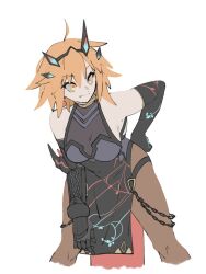  1girl ahoge armor bare_shoulders barghest_(fate) barghest_(fate)_(cosplay) barghest_(second_ascension)_(fate) black_dress black_gloves breasts brown_pantyhose chain commentary_request cosplay dress fate/grand_order fate_(series) fujimaru_ritsuka_(female) gauntlets gloves hair_between_eyes jewelry koma_5ma58 large_breasts orange_eyes orange_hair pantyhose pelvic_curtain short_hair sideboob simple_background solo thighs white_background 