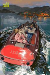  1girl 4boys blonde_hair blue_suit boat business_suit cityscape collared_shirt dress formal_clothes hat highres lycaenopsis male_focus mountain multiple_boys necktie newspaper ocean on_boat original pants shirt short_sleeves sitting standing suit sunglasses watercraft white_suit 