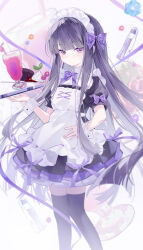  1girl absurdres aka_kan apron black_dress black_hair black_thighhighs bow bowtie character_request closed_mouth collared_dress copyright_request dress expressionless frilled_apron frills hand_on_own_hip highres holding holding_tray long_hair maid maid_apron purple_bow purple_bowtie ribbon-trimmed_apron ribbon_trim sidelocks sleeve_bow solo straight_hair thigh-highs tray violet_eyes white_apron wrist_cuffs zettai_ryouiki 