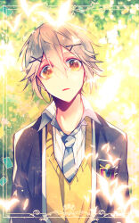  1boy androgynous bloom blurry bokeh border brown_hair bug butterfly commentary_request d: depth_of_field diagonal-striped_clothes diagonal-striped_necktie glowing_butterfly hair_between_eyes hair_ornament hairclip highres inset_border jacket kiyose_yuzu light_particles looking_at_viewer male_focus masamune-kun_no_revenge necktie open_clothes open_jacket open_mouth ornate_border school_emblem school_uniform short_hair shuri_kojuurou sidelocks solo straight-on striped_clothes striped_necktie sweater_vest trap upper_body variant_set x_hair_ornament yellow_eyes yellow_sweater_vest 