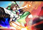  1girl akiyasu arm_cannon bow brown_hair cape commentary_request hair_bow long_hair open_mouth reiuji_utsuho solo touhou weapon wings 