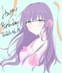  1girl bare_shoulders blush bow breasts cleavage_cutout closed_mouth clothing_cutout commentary dated dress from_side green_background green_eyes hair_bow happy_birthday highres looking_at_viewer love_live! love_live!_hasu_no_sora_jogakuin_school_idol_club medium_breasts orange_ribbon otomune_kozue otomune_kozue_(birthday_french_girly) pink_bow pink_dress purple_hair ribbon shoulder_cutout simple_background smile solo soora0202 split_mouth two_side_up untranslatable_commentary upper_body virtual_youtuber 