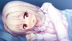  1girl amakusa_tobari blanket blonde_hair collarbone frilled_pajamas frills game_asset hand_up head_on_pillow indoors looking_at_viewer lying night non-web_source official_art omokage_~ecchi_na_happening!?_nandemo_dontokoi!~ on_bed on_side open_mouth pajamas pillow pink_pajamas red_eyes short_hair suzu_hinami 