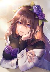  1girl black_sweater breasts brown_hair flower glint granblue_fantasy hair_between_eyes hair_flower hair_ornament hand_on_own_cheek hand_on_own_face holding holding_pen jacket kogome_(azalea4) large_breasts long_hair long_sleeves looking_at_viewer off_shoulder parted_lips pen purple_flower purple_rose ribbed_sweater rose rosetta_(granblue_fantasy) smile solo sparkle striped_clothes sweater thorns upper_body vertical-striped_clothes violet_eyes 